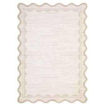 Scalloped Wavy Border Faux Wool Area Rug Minimal Washable Foldable Indoor Carpet