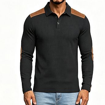 Mens Long Sleeve Polo Shirt Waffle Knit Suede Patch Shoulder Elbow Decor Casual Collared Top