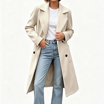 Women Double Breasted Pea Coat Lapel Collar Long Sleeve Mid Length Outer Overcoat with Pockets