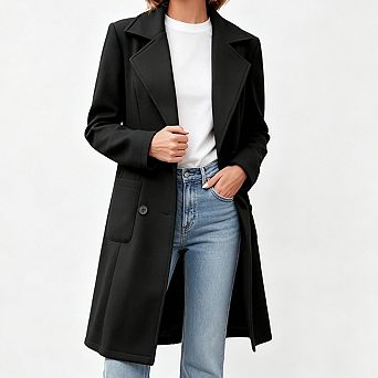 Women Double Breasted Pea Coat Lapel Collar Long Sleeve Mid Length Outer Overcoat with Pockets