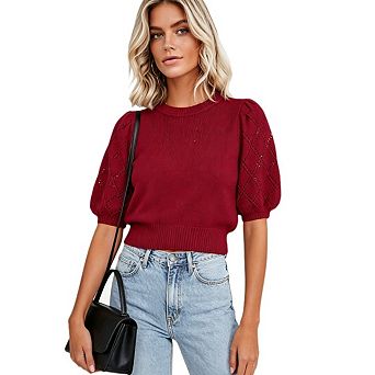Womens Short Sleeve Sweaters Crew Neck Knit Pullover Top Casual Lightweight Crochet Blouse Shirt Top