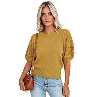 Womens Short Sleeve Sweaters Crew Neck Knit Pullover Top Casual Lightweight Crochet Blouse Shirt Top