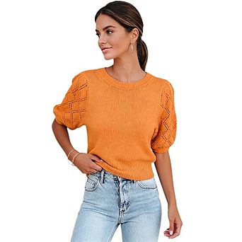 Womens Short Sleeve Sweaters Crew Neck Knit Pullover Top Casual Lightweight Crochet Blouse Shirt Top