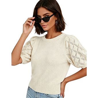 Womens Short Sleeve Sweaters Crew Neck Knit Pullover Top Casual Lightweight Crochet Blouse Shirt Top