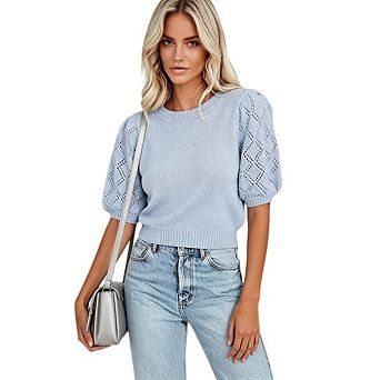 Womens Short Sleeve Sweaters Crew Neck Knit Pullover Top Casual Lightweight Crochet Blouse Shirt Top