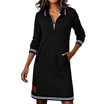 Womens Half Zip V Neck Contrast Mini Sweatshirt Dress