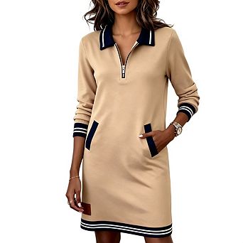 Womens Half Zip V Neck Contrast Mini Sweatshirt Dress