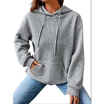 Women Waffle Knit Hoodie Long Sleeve Drawstring Casual Pullover with Kangaroo Pocket