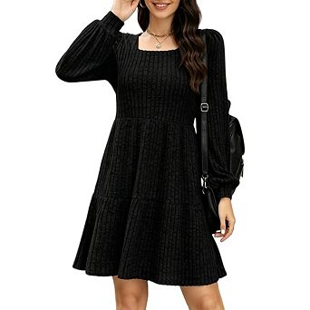 Women's Solid Square Neck Long Sleeve Mini Sweater Dress