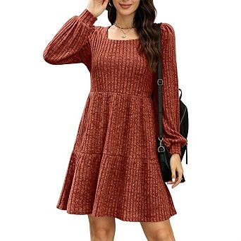 Women's Solid Square Neck Long Sleeve Mini Sweater Dress