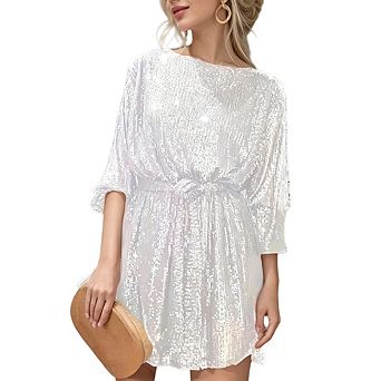 Women Sequins Glitter Long Sleeve Sparkle Round Neck Short Mini Cocktail Dress