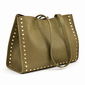 Pebbled Studded Open Top Faux Leather Tote Shoulder Handbag with Spacious Everyday Design