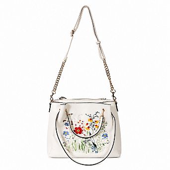 Floral Embroidered Classic Multi Carry Shoulder Carryall Faux Leather Tote Handbag