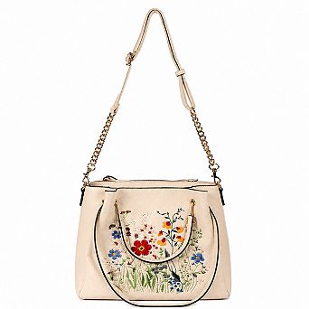 Floral Embroidered Classic Multi Carry Shoulder Carryall Faux Leather Tote Handbag