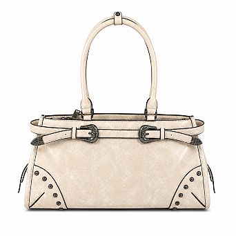 Western Buckle Studded Faux Leather Satchel Shoulder Handbag with Dual Top Handles and Zipper