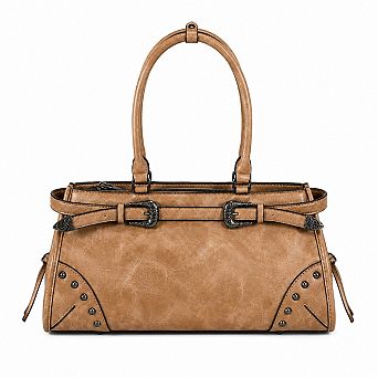 Western Buckle Studded Faux Leather Satchel Shoulder Handbag with Dual Top Handles and Zipper