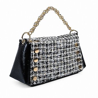 Tweed Flap Chain Accent Faux Leather Multi Carry Shoulder Satchel Handbag with Stud Details