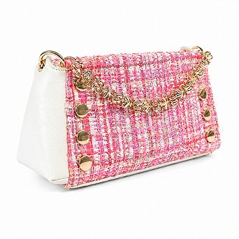 Tweed Flap Chain Accent Faux Leather Multi Carry Shoulder Satchel Handbag with Stud Details