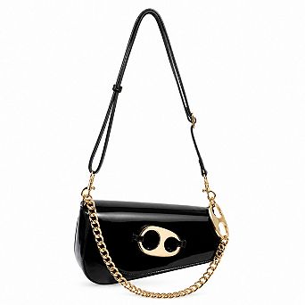 Patent Faux Leather Gold Hardware Chain Shoulder Baguette Handbag with Adjustable Strap