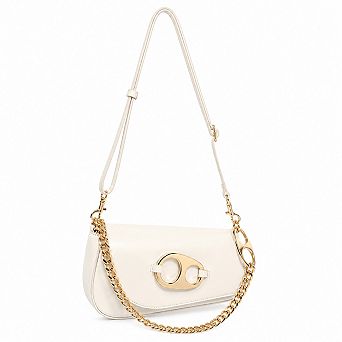 Patent Faux Leather Gold Hardware Chain Shoulder Baguette Handbag with Adjustable Strap