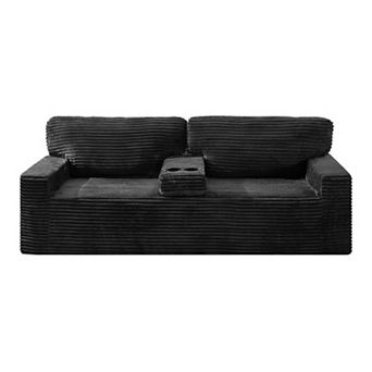 91.7" Compression Sofa, Plush Corduroy with Built-in Cup Holders and Side Storage Pocket Boneless