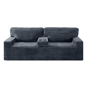 91.7" Compression Sofa, Plush Corduroy with Built-in Cup Holders and Side Storage Pocket Boneless