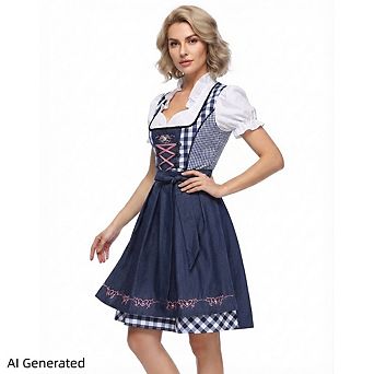 Women Dirndl Dress 1 pc Plaid Bavarian Oktoberfest Costume Faux 3 pc For Carnival Theme Party