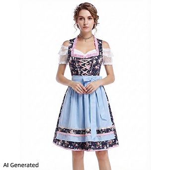 Women's Floral Print 3 pc Oktoberfest Maid Set With Satin Apron & Short Sleeve Top