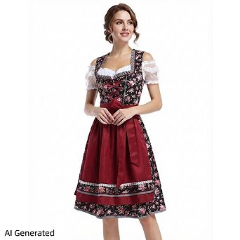 Women's Floral Print 3 pc Oktoberfest Maid Set With Satin Apron & Short Sleeve Top