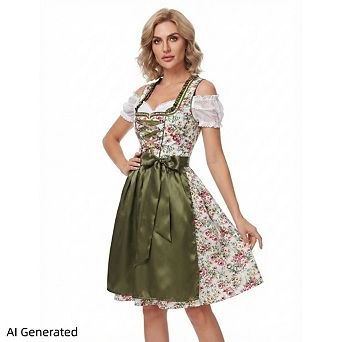 Women Floral Dirndl Dress 3 pc Bavarian Oktoberfest Costume Midi Dress With Blouse & Satin Apron