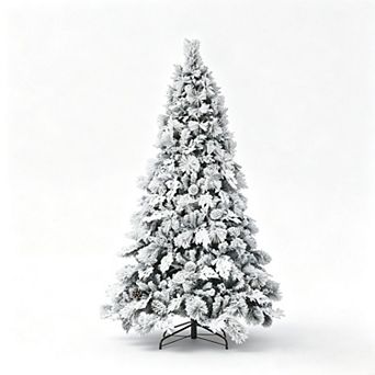 Pre-Lit Snow Flocked Artificial Tree , Hinged Sections with Sturdy Metal Stand