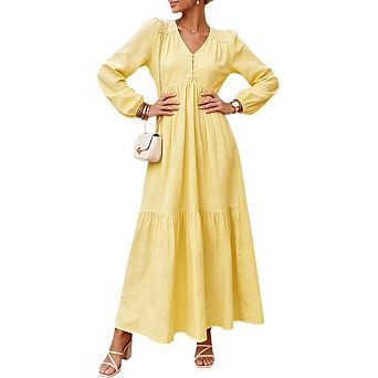 Women's V Neck Tiered Flowy A Line Maxi Dress Elegant Casual Long Dress For Wedding Church