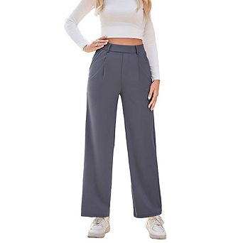 Women High Waist Pleated Wide Leg Dress Pants Belt Loops Straight Business Casual Trousers