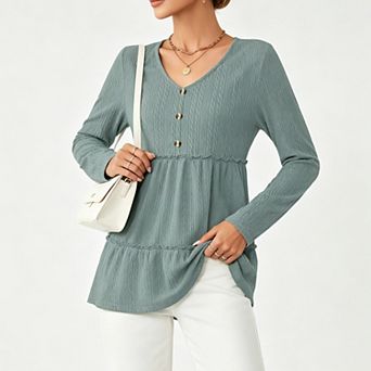 Women Textured V-Neck Fake Button Tiered Ruffle Hem Long Sleeve Loose Swing Tunic Blouse