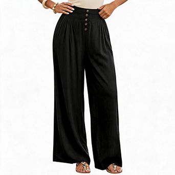 Women's High Waist Wide Leg Pants Button Front Pleated Loose Fit Casual Trousers With Side Pockets
