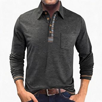 Men Long Sleeve Polo Shirt Placket Plaid Patch Chest Pocket Casual Henley Collared Daily Wear