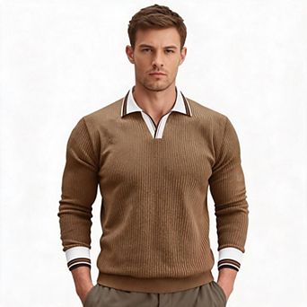 Men Polo Collar Sweater Color Block Trim Knit Pullover Long Sleeve Casual Business Daily Top