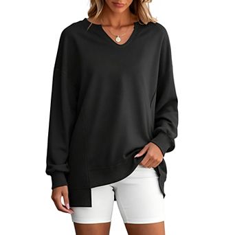 Women's Notched V‑Neck Sweatshirt Long Sleeve Raw Seam Slit Hem Loose Casual Pullover