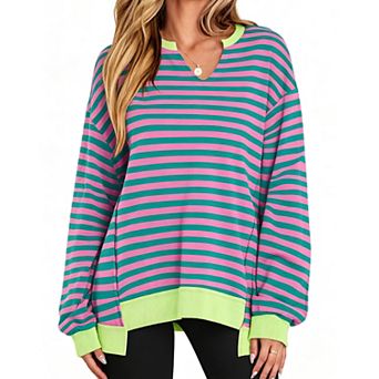 Women's Notched V‑Neck Sweatshirt Long Sleeve Raw Seam Slit Hem Loose Casual Pullover