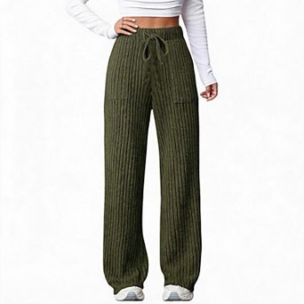 Womens Knit Wide Leg Pants Ribbed Drawstring Trousers with Pockets for Casual Daily Holiday