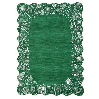 Wavy Scalloped Christmas Border Area Rug Sketch-Style Holiday Motif Indoor Carpet Xmas Home Decor
