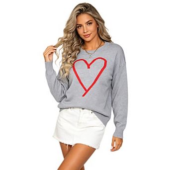 Women Heart Long Sleeve Crewneck Sweater