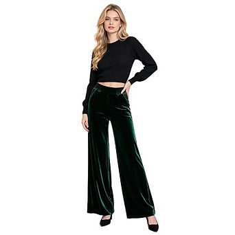 Women Velvet Flare Pants Elegant Smooth Velvet Fabric Stretchy Wide Leg Dressy Casual Trousers