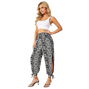 Women Floral Print Harem Pants Side Slit Tie Cuff Elastic Waist Loose Bohemian Casual Trousers