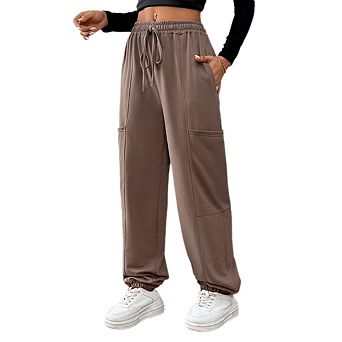 Women Drawstring Waist Jogger Pants Patch Pocket Loose Fit Casual Tapered Soft Sweatpant Trousers