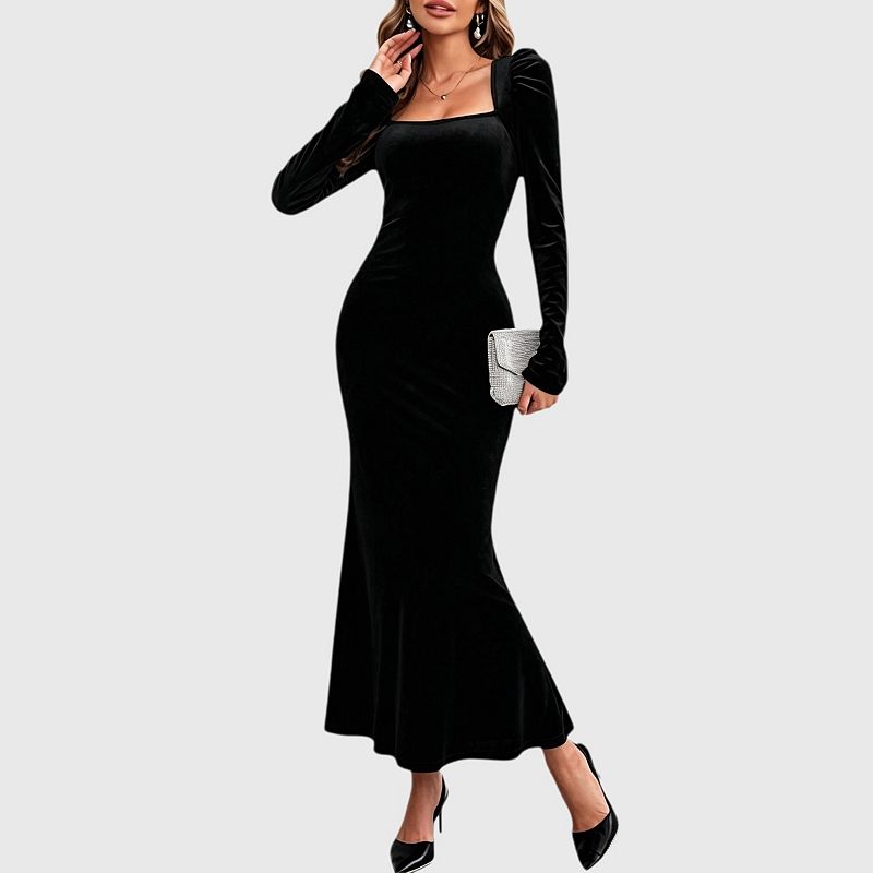 ladies velvet dresses Women Maxi Dress Square Neck Long Sleeve Cocktail Party Evening Wedding Guest Formal velvet outfits