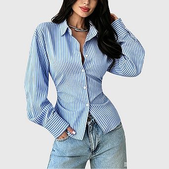 Women's Striped Button Down Shirts Lace Up Back Cinched Waist Long Sleeve Business Casual Blouses