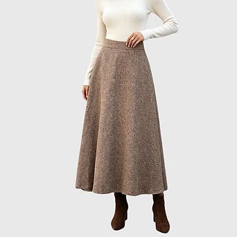 Women Maxi Skirt, Fall Winter High Elastic Wasit a Line Flared Long Skirt with Pockets