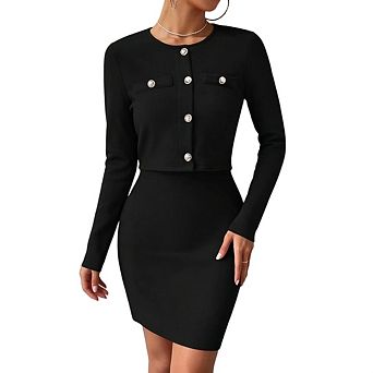 Women's 2 pc Set Fitted Elegant Dress and Cropped Jacket Knit