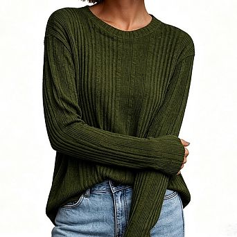 Women Ribbed Knit Pullover Top Crew Neck Long Sleeve Loose Fit Casual Soft Knit Shirt Blouse